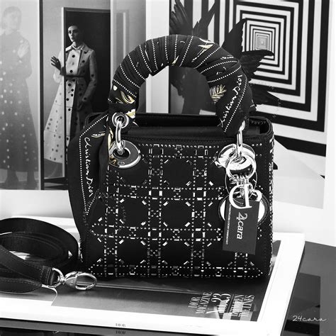 Mini Lady Dior Bag Black Satin Embroidered with White Resin 